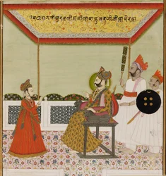 Surat Singh siede su un trono con braccioli a forma di leone e riceve il suo giovane figlio, c1800
