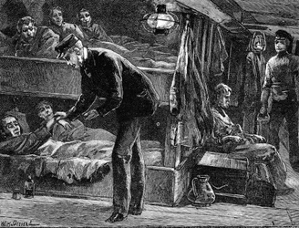 Misurare il polso di un emigrante irlandese malato a bordo della nave, 1840s c1890