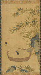 Arazzo: colombe che si bagnano in una ciotola, rocce e bambù, forse dinastia Ming, 1368-1644