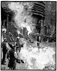 Tapping altoforno e colata di ferro in lingotti, acciaierie Siemens, Galles, 1885