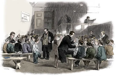 Insegnare ai ragazzi a leggere nella scuola della Ragged School Union, Lambeth, Londra, 1868