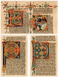 Pagina di testo con lettere iniziali illuminate, XIV secolo