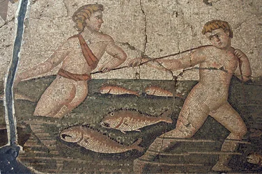 Thalasse e i pescatori nudi, mosaico da Vakto, dettaglio, Turchia