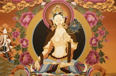 Thangka raffigurante la dea Tara Bianca, simbolo buddista di lunga vita, Bhaktapur, Nepal