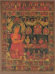 Thangka con Buddha ingioiellato che predica