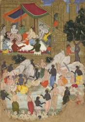 Il risveglio di Kumbhakarna nella città dorata di Lanka, foglio da un Ramayana, ca. 1605