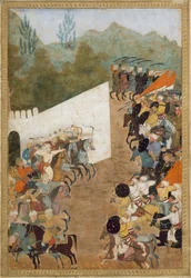 La battaglia di Shahbarghan, foglio da un Padshahnama, cronaca dell