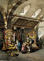 Il Bazar (souk) di Costantinopoli, litografia a colori