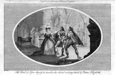Il conte di Essex che posa la mano sulla spada colpito dalla regina Elisabetta