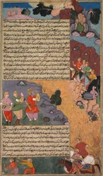 La prima avventura del cavallo bianco, pagina dal Khan Khanans Razm Nama..., c. 1610-17