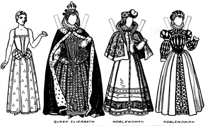 La galleria del costume storico: alcuni degli abiti indossati nel regno di Elisabetta, c. 1934