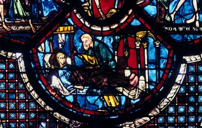 Il Buon Samaritano si prende cura del Pellegrino, vetrata, Cattedrale di Chartres, Francia, 1205-1215