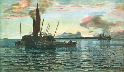 Il mercato delle aringhe in mare su Loch Fyne, Argyll, 1884