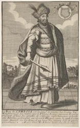 Il re della Cambogia in piedi con uno scettro nella mano destra, ca. 1670-1700