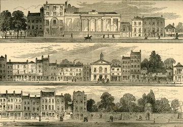 Il lato nord di Knightsbridge nel 1820, dal Cannon Brewery a Hyde Park Corner, c1876