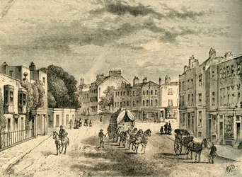 Il vecchio villaggio di Vauxhall, con ingresso ai giardini, nel 1825, c1878