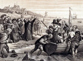 I Padri Pellegrini lasciano Delft Haven per il loro viaggio in America, luglio 1620, 1878