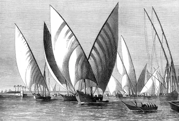 Il fiume al ponte di Boulak, Il Cairo, con dahabeah in transito, 1874