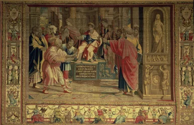 Il mago Elima accecato da San Paolo davanti al governatore romano Sergio Paolo, dettaglio dagli Arazzi di Bruxelles, repliche della serie vaticana di Raffaello degli Atti degli Apostoli