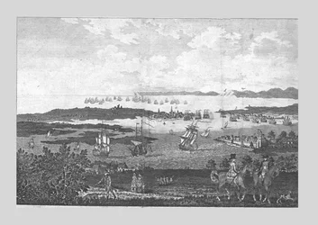 La Città e il Porto di Portsmouth con una Veduta della Flotta di Sua Maestà a Spithead, XVIII secolo