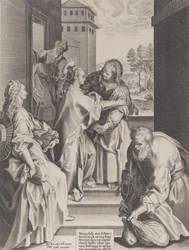 La Visitazione, la Vergine e Santa Elisabetta che si abbracciano al centro, affiancate da altri