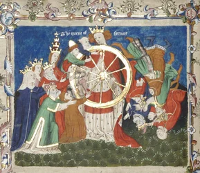La ruota della fortuna da un manoscritto del Troy Book di John Lydgate, metà del XV secolo