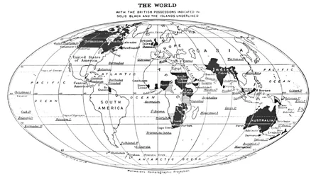 Il mondo con i possedimenti britannici indicati in nero pieno e le isole sottolineate, 1924