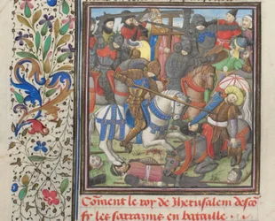 La battaglia tra i crociati e i saraceni. Miniatura dalla Historia di Guglielmo di Tiro