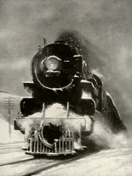 La furia della bufera non fa impressione su questa locomotiva mastodontica, 1935