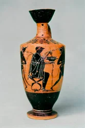 La maga Circe rappresentata su un vaso di ceramica a figure nere. Antica Grecia V - IV secolo a.C.