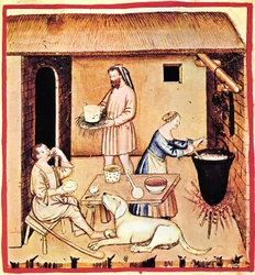 La produzione del formaggio. Una miniatura dal Tacuinum Sanitatis, seconda metà del XIV secolo