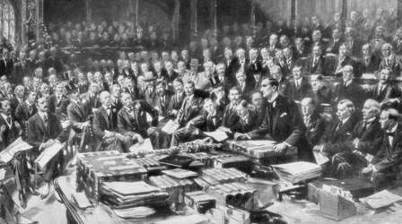 La scena nella Camera dei Comuni, Westminster, Londra, 3 agosto 1914