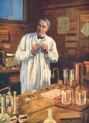Thomas Edison, inventore americano, nel suo laboratorio, Menlo Park, New Jersey, USA, anni 1870-1920