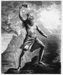 Thor, dio del tuono nel pantheon scandinavo, con il suo martello, 1874