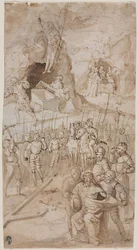 Tre scene della Passione di Cristo (recto) Schizzo architettonico (verso), 1500s