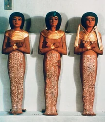 Tre Shabti o figure di servitori, oggetto funerario di Tutankhamon, XVIII dinastia