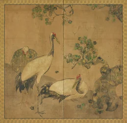 Tre gru sotto un albero, periodo Edo, 1615-1868