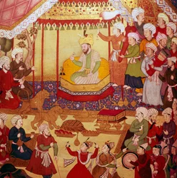 Timur in trono durante le celebrazioni, manoscritto Mughal, 1600-1601