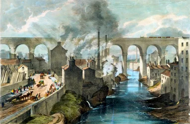 Treno che attraversa il viadotto di Stockport sulla London & North Western Railway, c1845