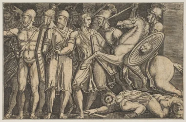 Traiano combatte i Daci, Traiano a cavallo a destra che cavalca verso un gruppo, ca. 1515-1600