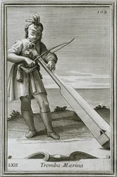 Trumscheit tromba marina, incisione dal libro Cabinetto armonico di F. Bonanni, Roma, 1722