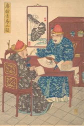 Due studiosi cinesi che praticano la calligrafia nel loro studio, ca. 1840