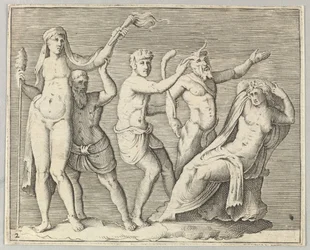 Due figure, un fauno e un satiro si avvicinano a una donna reclinata