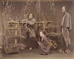 [Due uomini giapponesi e una donna giapponese che posano con rami fioriti], 1870s