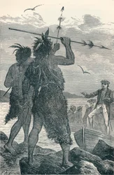 Due nativi discutono lo sbarco del capitano Cook, 1904