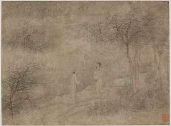 Due uomini che camminano in un boschetto nebbioso, dinastia Ming, 1368-1644