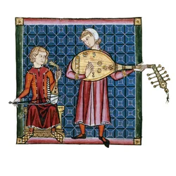 Due menestrelli. Illustrazione dal codice delle Cantigas de Santa Maria