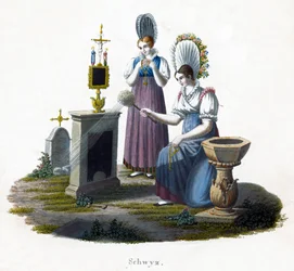Due donne davanti a una lapide in un cimitero, c1800