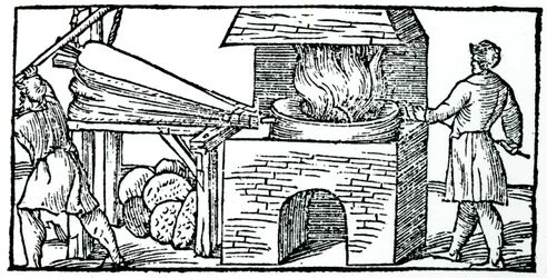 Uso di mantici per aumentare il tiraggio in una fornace, 1540