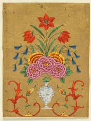 Vaso con composizione floreale e decorazioni, c. 1750-1800
